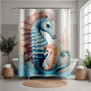 ### **Alt Text (for e-commerce):** Shower curtain featuring a heartwarming ocean design of a parent and baby seahorse in soft pastel blues, purples, and corals, set against a light background with subtle underwater elements. Perfect for adding a sweet, family-inspired touch to coastal bathroom decor in apartments or small spaces.