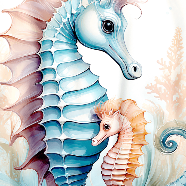 ### **Alt Text (for e-commerce):** Close-up of a shower curtain featuring a tender design of a parent and baby seahorse in soft pastel hues of blue, coral, and peach. Surrounded by gentle underwater foliage, this heartwarming ocean scene adds a sweet and calming touch—ideal for family-friendly bathroom decor in apartments or small spaces.