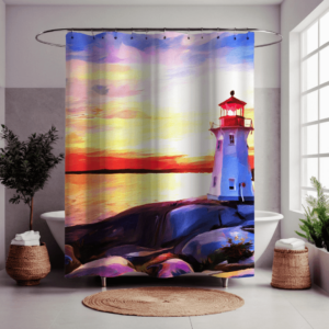 **Alt Text:** Acrylic-style painting of Peggy's Cove Lighthouse on a vibrant shower curtain. The white lighthouse with a red roof stands on dramatic coastal rocks painted in rich purples and blues. A radiant sunset reflects warm oranges, reds, and yellows across the sky and calm ocean, creating a vivid and serene seascape.