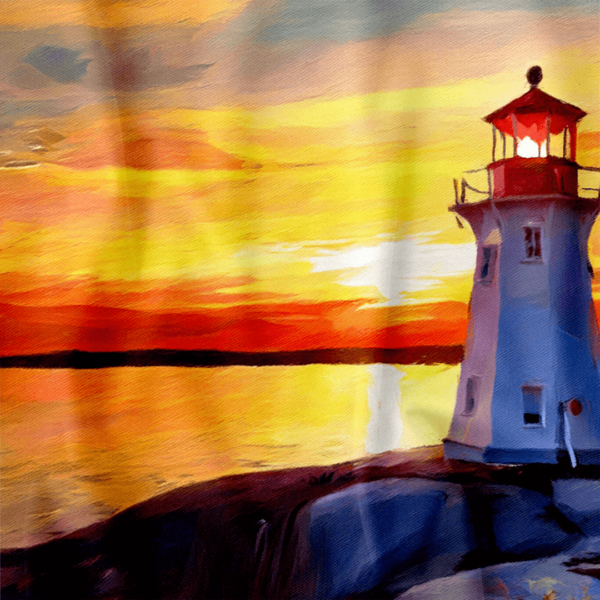 **Alt Text:** Close-up of a vibrant acrylic-style painting on a shower curtain featuring Peggy's Cove Lighthouse. The white lighthouse with a red top is illuminated against a glowing sunset sky painted in bold strokes of yellow, orange, and red. The surrounding rocks and ocean are depicted in deep purples and blues, adding rich contrast to the warm horizon.