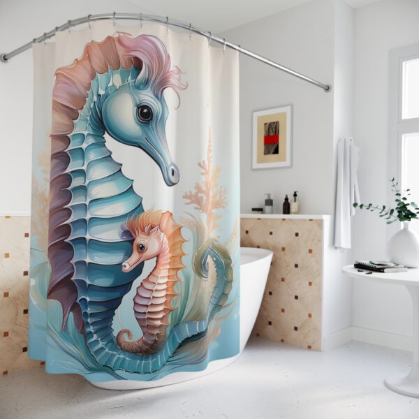 A soft, watercolor-style shower curtain featuring a parent and baby seahorse in shades of blue, coral, and beige. The ocean-inspired design adds a calming and elegant touch, perfect for bathroom decor in apartments, small bathrooms, or a stylish bathroom refresh.