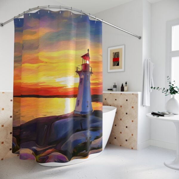 Acrylic Paint Sunset at Peggy's cove Lighthouse Shower Curtain - Image 2