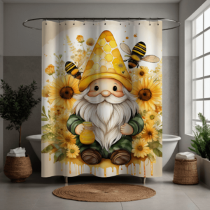 A cute shower curtain featuring a gnome with a honeycomb-patterned hat, holding a jar of honey, surrounded by bees and yellow sunflowers. Perfect for adding playful charm to small bathrooms, apartments, or whimsical bathroom decor themes.