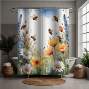 Shower curtain featuring a vibrant garden scene with bees flying among colorful wildflowers, including daisies, tulips, and lavender. Set against a soft white and blue background, this floral design adds a cheerful, nature-inspired touch—perfect for refreshing small bathrooms or brightening up apartment spaces.