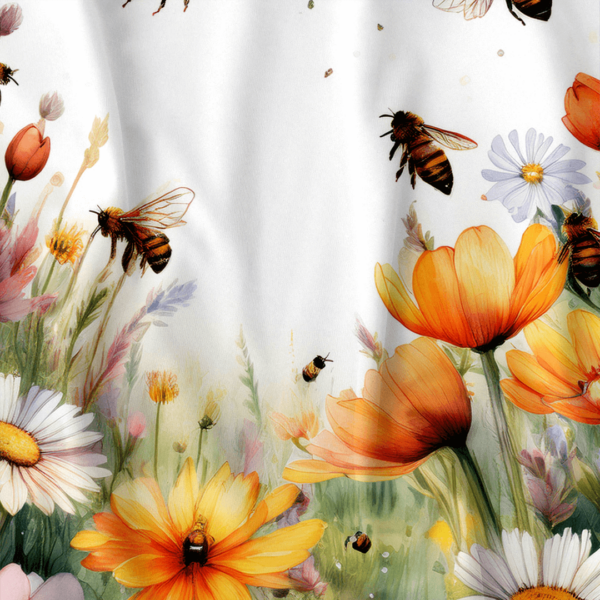 ### **Alt Text (for e-commerce):** Close-up of a shower curtain featuring a vibrant floral garden with orange, yellow, and white wildflowers surrounded by buzzing bees. The detailed watercolor-style design adds a lively, nature-inspired feel—perfect for brightening up small bathrooms or adding charm to apartment decor.