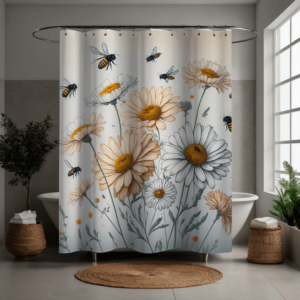 ### **Alt Text (for e-commerce):** Elegant shower curtain featuring hand-drawn style daisies in soft white and golden tones, with buzzing bees scattered throughout. Set against a light background, this floral and nature-inspired design adds a fresh, cheerful touch—perfect for brightening up bathrooms in apartments, small spaces, or during a bathroom decor refresh.