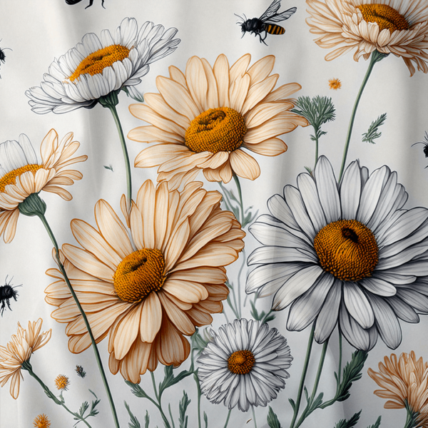 Close-up view of a shower curtain featuring detailed illustrations of daisies in warm cream, yellow, and white tones, accented by buzzing bees. The soft floral design on a light background adds a fresh, nature-inspired feel—perfect for enhancing bathroom decor in small spaces or apartments.