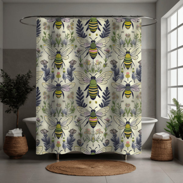 ### **Alt Text (for e-commerce):** Shower curtain featuring a bold folk-art-inspired design with repeating patterns of stylized bees and whimsical floral elements in shades of green, navy, and lavender on a light background. This playful and artistic pattern adds a unique, boho touch—perfect for apartment bathrooms, small spaces, or creative bathroom decor makeovers.